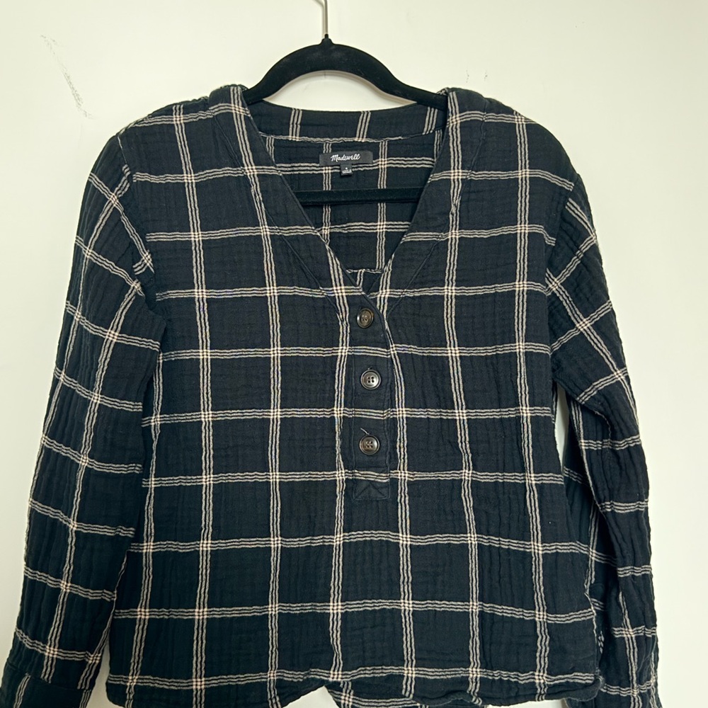 Black Windowpane Button-Front Women's Top
